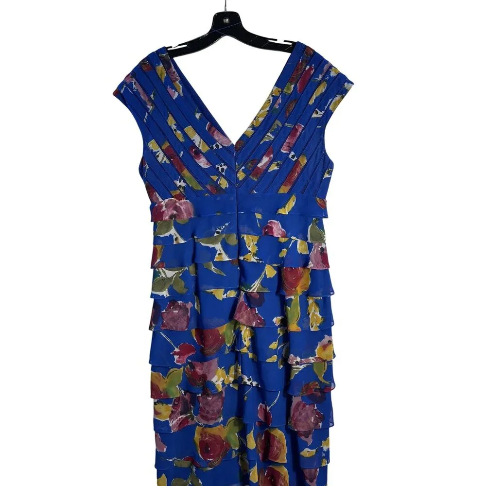 Floral Tiered Blue Sleeveless V-Neck Dress, Ruffled Layers, Multicolor Print - Picture 5 of 13